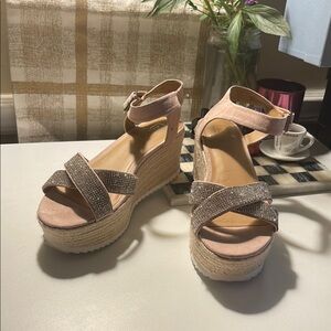 Elegant Material Girl Cream and Silver Wedges with Criss-Cross Straps